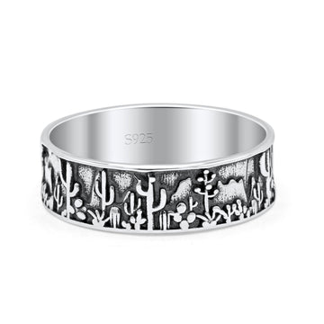 Desert Design Cactus Traditional Oxidized Band Solid 925 Sterling Silver Thumb Ring 7mm